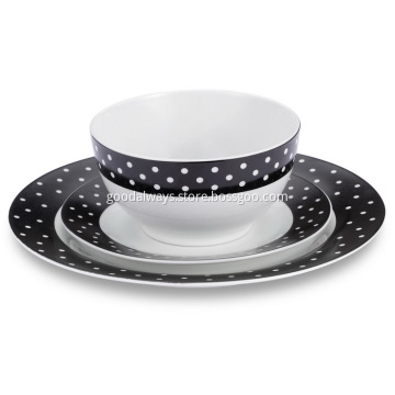 18 Piece Dinnerware Set White Dots Black